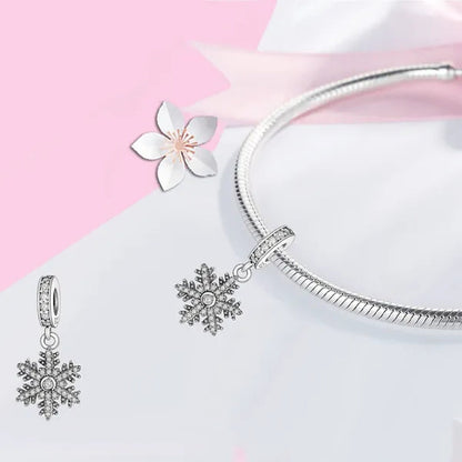 Simple 925 Sterling Silver Full White CZ Snowflake Pendant Charm Fit Women Bracelet & Necklace DIY Jewelry for Christmas Beads Gift
