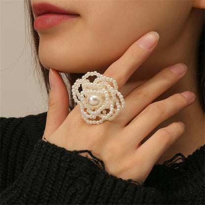 Pearl Ball Flower Statement Ring for Women Girls Gold Tone Handmade Adjustable Expandable Artificial Pearls Bead Cluster Open Wrap Finger Rings Comfort Fit Fashion Wedding Christmas Theme Party Jewelry Gift