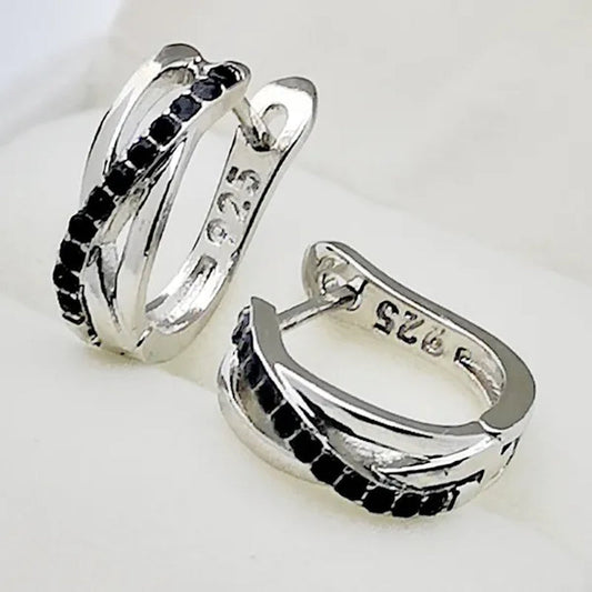 Simple Classic Earrings 925 Sterling Silver Black Sapphire Cross Stud Hoop Earrings Wedding Jewelry Gifts for Women