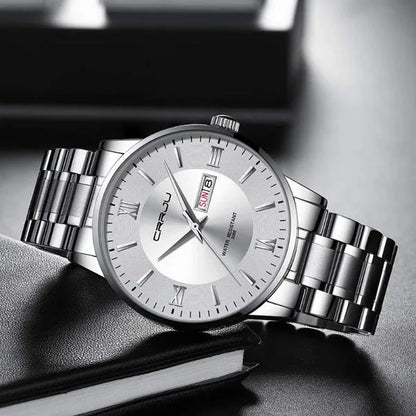 CRRJU Men's Minimalist Leisure Luxury Automatic Dating Watch Fashion Business Japanese Movement Quartz Waterproof Watch Men's Silver Stainless Steel Watch Band