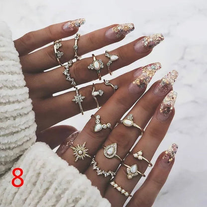 10Style Retro Beauty Avatar Coin Cross Ring Set Pattern Love Fatima Palm Ring Set for Women