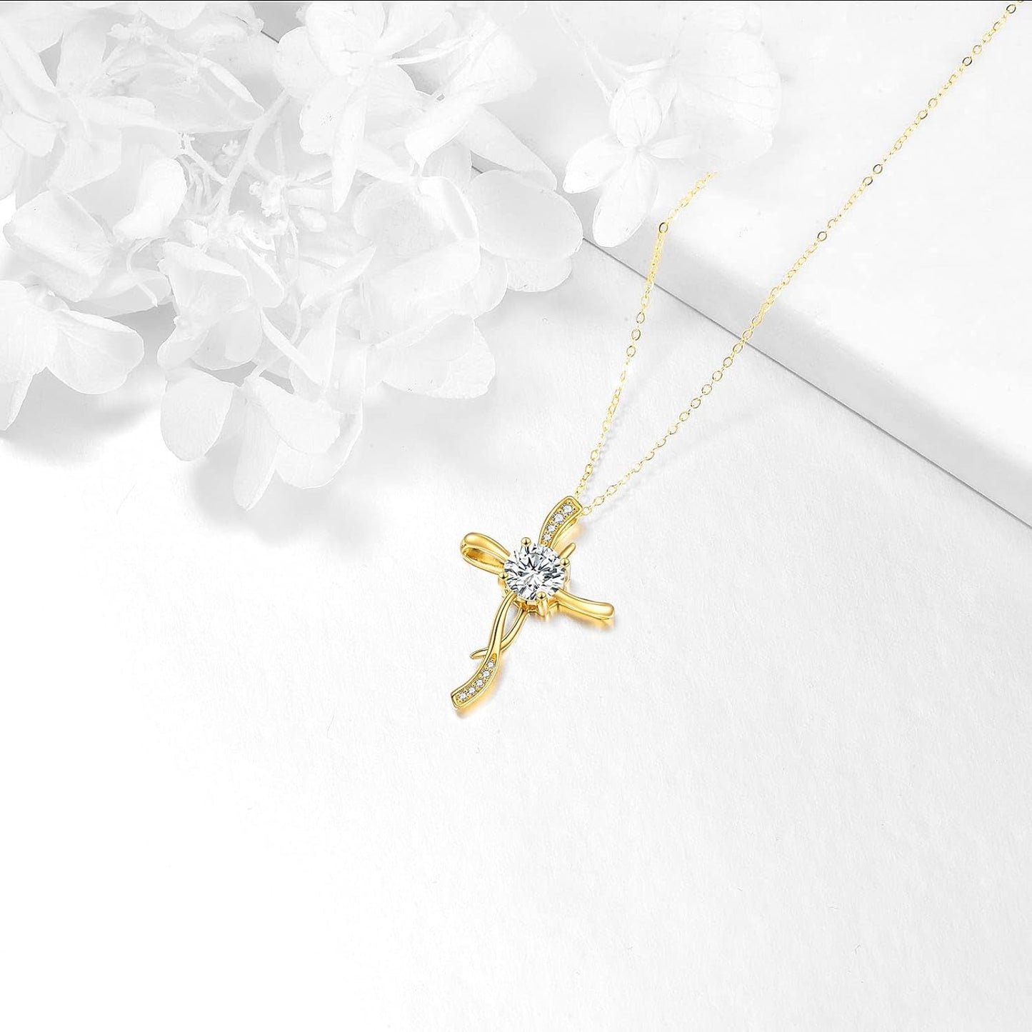 14K Yellow Gold Cross Necklace for Women, 14K Gold Infinity Cross Pendant Necklace Crufix Baptism Faith Jewelry Birthday Mothers Day Gifts for Mom Her Girlfriend Wife, 16+2 Inch