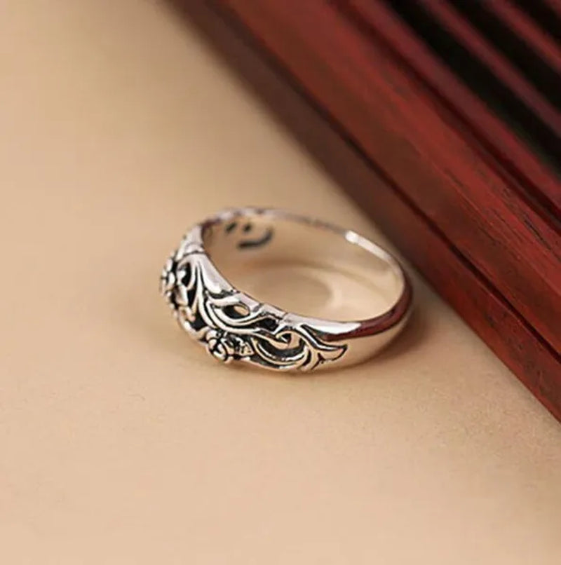 Exquisite Silver-Plated Vintage Silver Black Rose Flower Ring Bride Wedding Party Ring Couple Gift Jewelry (Size: 5-11)