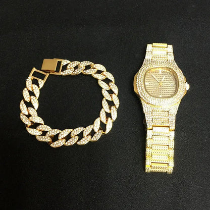 Necklace +Watch+Bracelet Hip Hop Miami Curb Cuban Chain Iced Out Paved Rhinestones CZ Bling Rapper For Men Jewelry