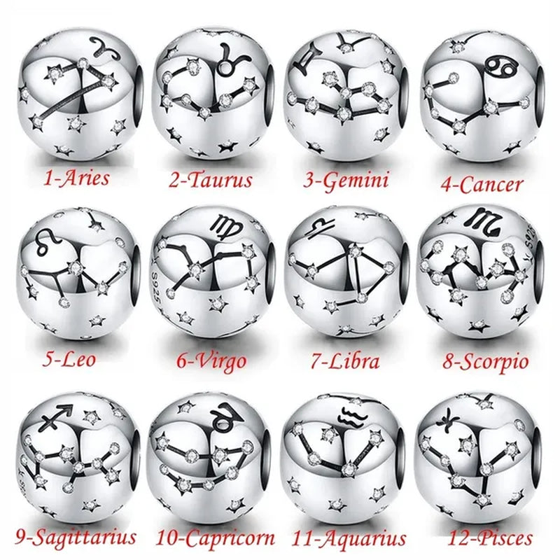 European Hot 12 Constellation Zodiac Round 925 Sterling Silver Beads Charm for Women Bracelet  Shining CZ Charm Fit Original Bangle Necklace DIY Jewelry Making