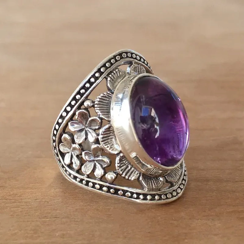 Exquisite Women'S Vintage Rings, Ancient Silver Inlaid Purple Moonstone Opal Onyx Stone Beautifully Carved Flower Pattern Women'S Fashion Jewelry, Party Banquet Business Casual Jewelry, Memorial Day Gift European and American Hot Selling