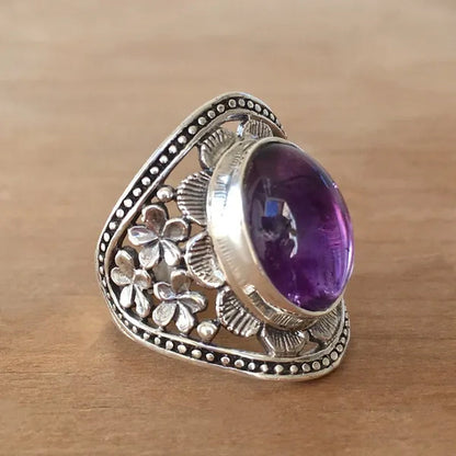 Exquisite Women'S Vintage Rings, Ancient Silver Inlaid Purple Moonstone Opal Onyx Stone Beautifully Carved Flower Pattern Women'S Fashion Jewelry, Party Banquet Business Casual Jewelry, Memorial Day Gift European and American Hot Selling