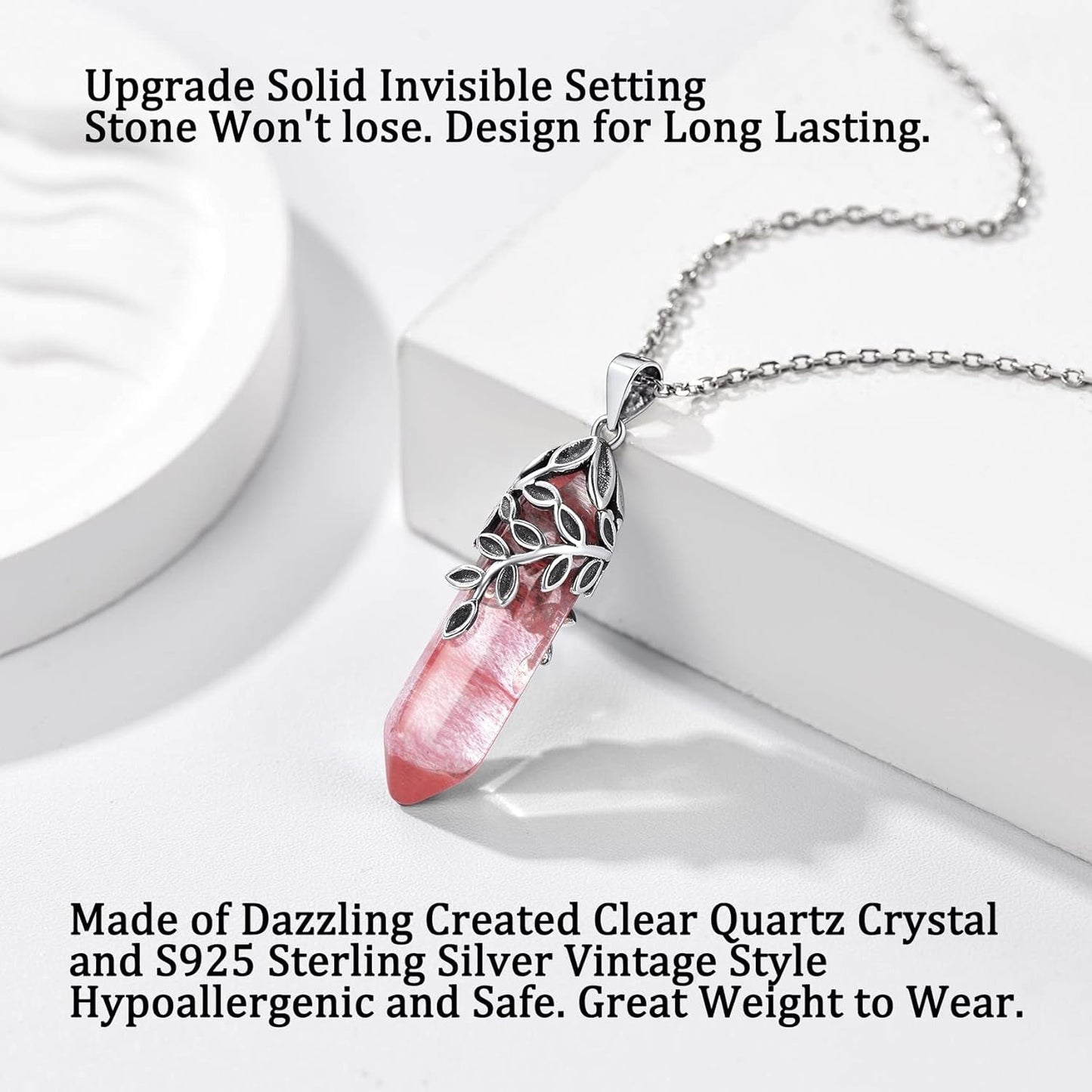 Crystal Necklace Sterling Silver Olive Leaf/Snake Wrap Clear Quartz Birthstone Pendant with Dainty Silver Rolo Chain, 18"+2", Great Birthday Gift for Women Girls