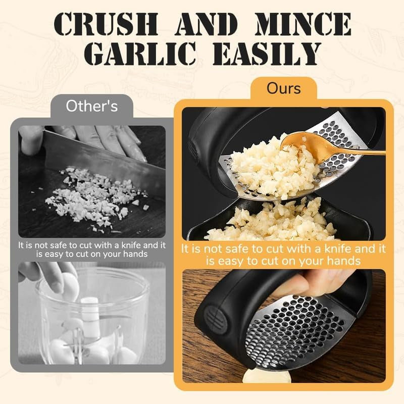 Garlic Press Rocker - 2024 NEW Stainless Steel Garlic Mincer Garlic Crusher with Peeler, New Innovative Garlic Chopper with Peeler and Scraper for Smash Garlic, Black