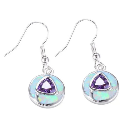 Boho Unique Round Blue Fire Opal 925 Sterling Silver Drop Earrings Amethyst Zircon Female Wedding Party Earrings Best Gift