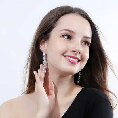 CANDICE Long Water Drop Dangling Jewelry Pave Clear Cubic Zirconia Crystal Female Non Pierced Wedding Clip on Earrings