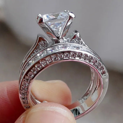 2-in-1 Womens Vintage White Sapphire Diamond 925 Sterling Silver Engagement Wedding Band Ring Set