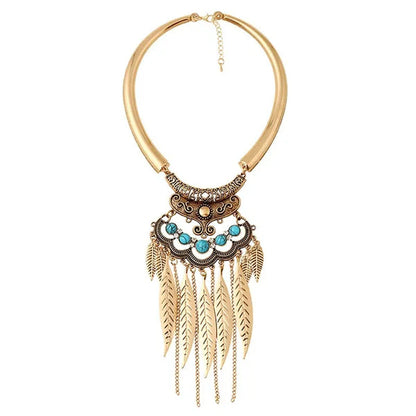 Bohemian Gypsy Ethnic Choker Collar Vintage Leaf Tassel  Maxi Statement Pendant Necklace Jewelry