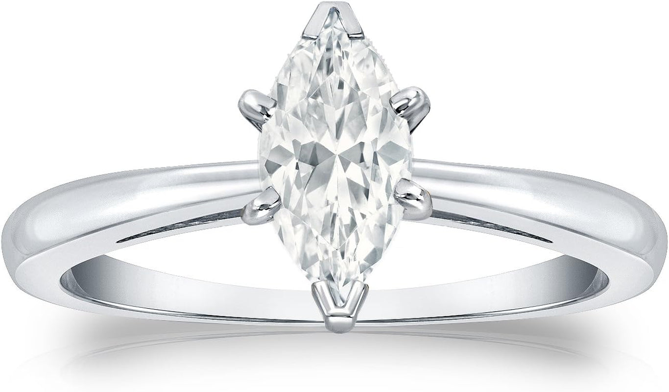 18K White Gold Marquise Diamond Ring V-End Prong (1/4 Cttw, H-I Color, I1-I2 Clarity), Size 4-9