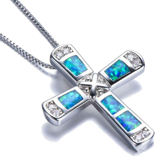 Platinum Plated Fire Opal Rhinestone Christian Cross Pendant Religious Necklace (Blue)