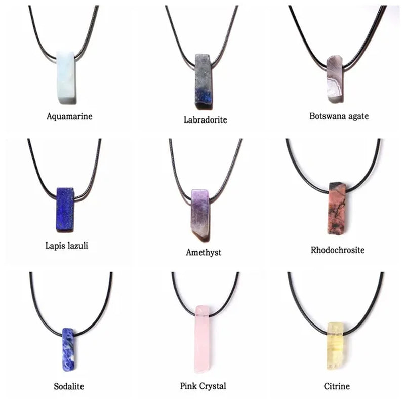 Unique Design Stone Pendant Necklace Fashion Black Rope Natural Stone Aquamarine Amethyst Citrine Beads Necklace Men Women Jewelry
