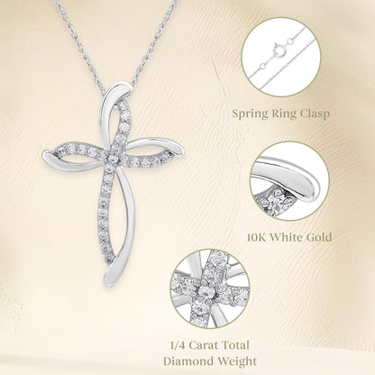 10K White Gold Necklace for Women with Natural Round-Cut Diamond and Swirl Cross Pendant-Necklace, 18" Rope Chain, 925 Sterling Silver Necklace and 18" Cable Chain, 1/4 Carat Total Weight Diamonds & Elegant Gift Box Included