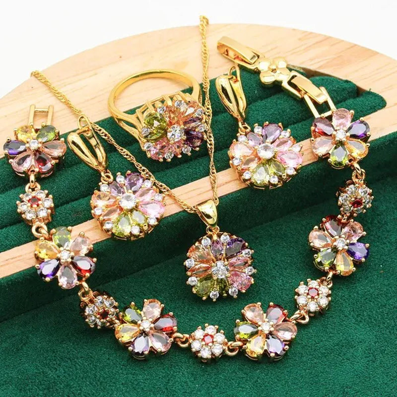 Classic Gold Color Jewelry Sets for Women Wedding Multi Color Zircon Bracelet Earrings Necklace Pendant Ring 4PCS