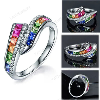 Princess  silver cut Ruby Emerald & Sapphire & Topaz & Ruby Multicolor Natural Gemstone Engagement Bride Ring Jewelry