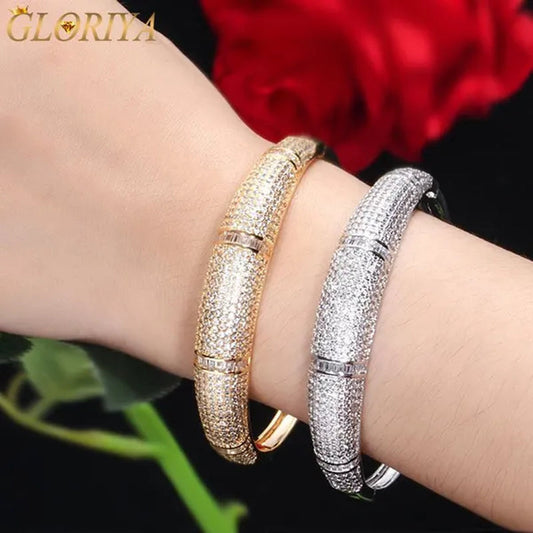 Gloriya Expensive Ladies Modern Jewelry Silver Gold Plated Micro Pave Sparkle AAAAA Cubic Zircon Women Noble Bangle Bracelet for Engagement Gift