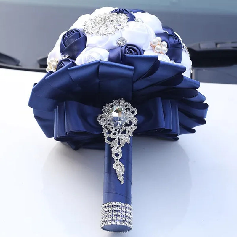 20CM Navy Blue & White Silk Rose Wedding Bouquet Pearl Rhinestone Brooch Bridal Bouquet Ribbon Artificial Flower Creative Holding Flowers