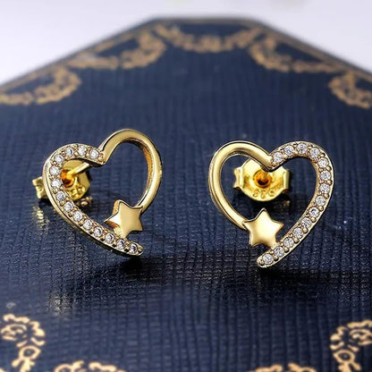 NEW Gold  Love Heart Star White Sapphire Diamond Stud Earrings for Women Wedding Engagement Bride Jewelry Gift