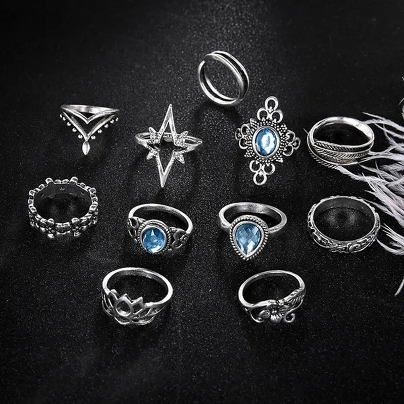11Pcs/Set Retro Finger Ring Set Boho Crown Star Silver Carved Knuckle Rings for Women Jewelry Gifts