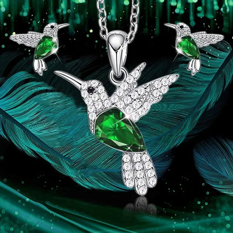 Hummingbird Silver Jewelry Set Women Pendant Necklace and Stud Earring Set Crystalsfine Animal Jewelry, Gift for Mothers Day