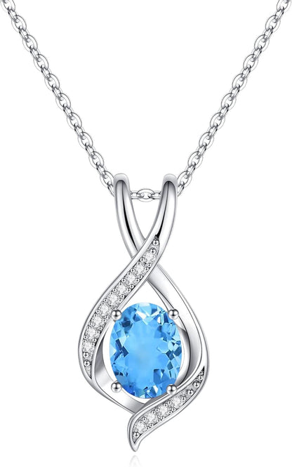 Oval Sparkle Birthstone Pendant Necklace, 925 Sterling Silver Gemstone Pendant Anniversary Birthday Gifts for Women Wife Girlfriend Mom Grandma Birthstone Necklace for Women Jewelry Gifts