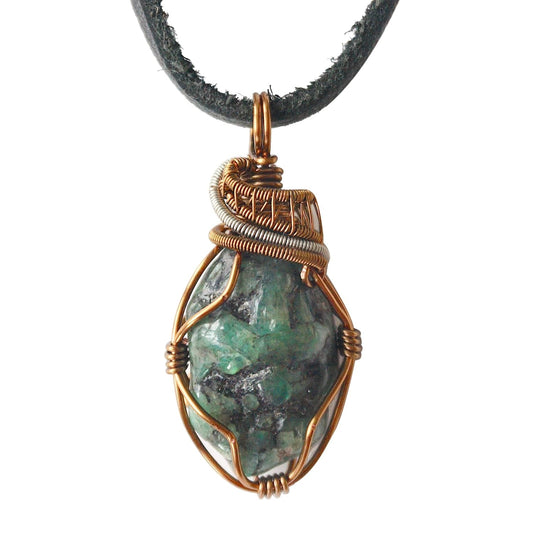 NEW  Handmade Emerald Necklace 24 Inch Black Leather Cord Antique Bronze, May Birthstone Jewelry, Handmade in North America