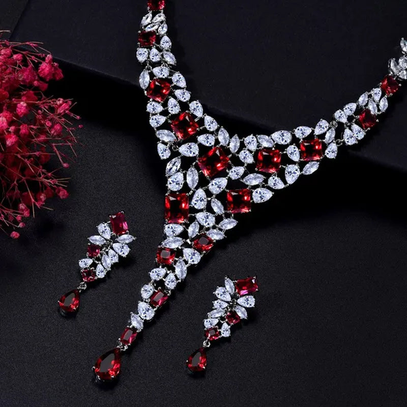 CANDICE Gorgeous Multi Cut Red Color CZ Stone Long Pendant Necklace Earrings Set for Bridal Women White Gold Plated Party Jewelry Set