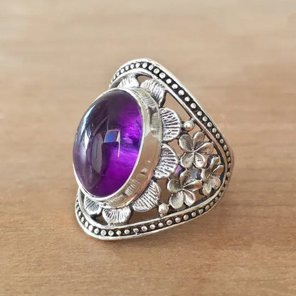 Exquisite Woman Fashion Vintage Wide Edge Engraved Flower Ring Natural Amethyst Gemstone Ring Engagement Party Bride Wedding High Jewelry Christmas Valentine'S Day Gift Ring Size US4-12
