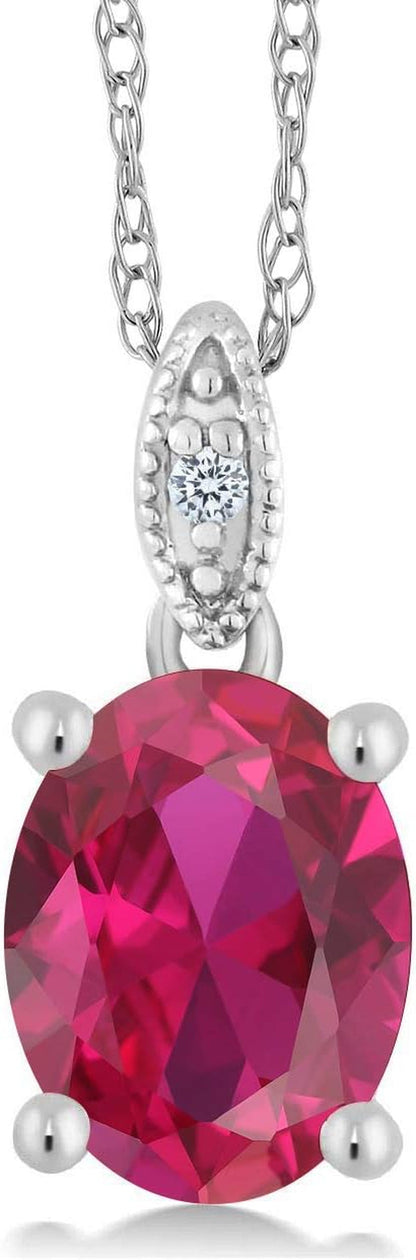 10K White Gold Red Created Ruby and White Diamond Pendant Necklace for Women (2.00 Cttw, Oval 9X7MM, with 18 Inch Chain)