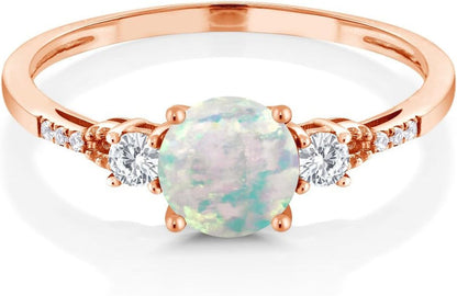 10K Rose Gold White Simulated Opal White Created Sapphire and Diamond Accent 3-Stone Engagement Ring for Women (0.89 Cttw, round Cabochon 6MM, Gemstone October Birthstone)