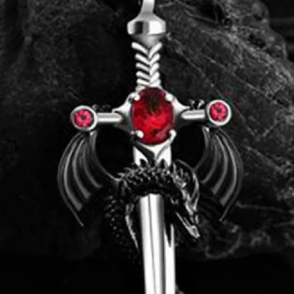 2021 New Retro Men's 316L Stainless Steel Ruby Sword and Dragon Pendant Necklace Punk Men's Party Necklace Best Jewelry Gift