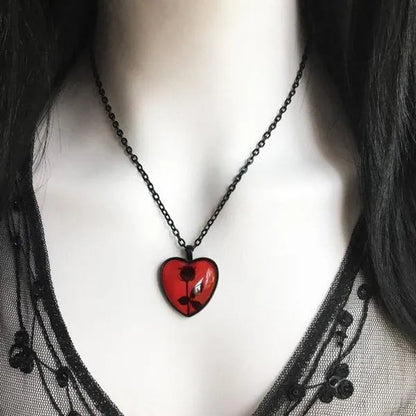Black Rose Necklace, Red Heart Pendant, Glass Cameo Necklace, Gothic Victorian, Romantic Valentine Gift Idea, Gothic Jewelry, Handmade