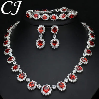 CANDICE Elegant Red Wedding Jewelry Set Micro CZ Stone Paved Oval Crystal Drop Earrings Bracelet and Necklace Sets for Bride
