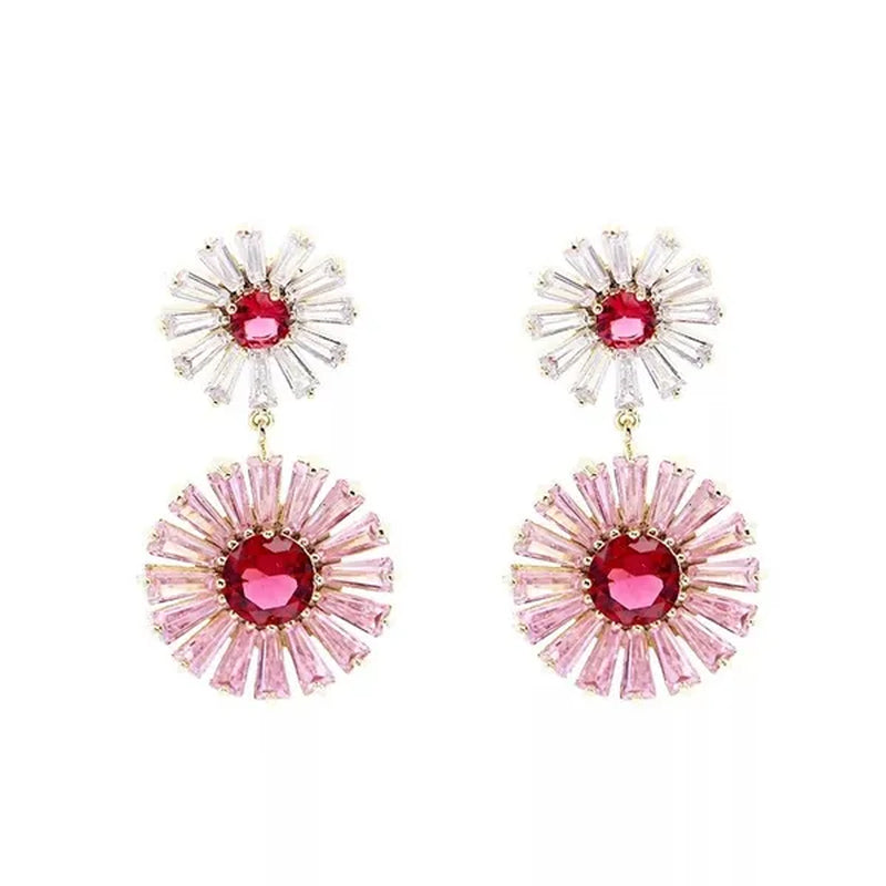 CANDICE High Quality 18K Yellow Gold Plating Gorgeous Women Pink Flower Dangling Earrings Pave Clear Red Cubic Zirconia Dancing Party Jewelry Accessories