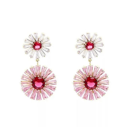 CANDICE High Quality 18K Yellow Gold Plating Gorgeous Women Pink Flower Dangling Earrings Pave Clear Red Cubic Zirconia Dancing Party Jewelry Accessories