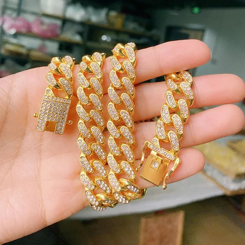 13MM Men's Hip Hop Necklace or Bracelet,Iced Out Bling Rhinestones Miami Cuban Link Chain Necklace Bracelet Set Jewelry Gifts