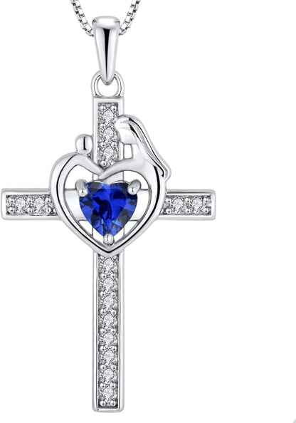Mom Cross Necklace 925 Sterling Silver Mother Pendant Birthstone Mum Jewelry for Women