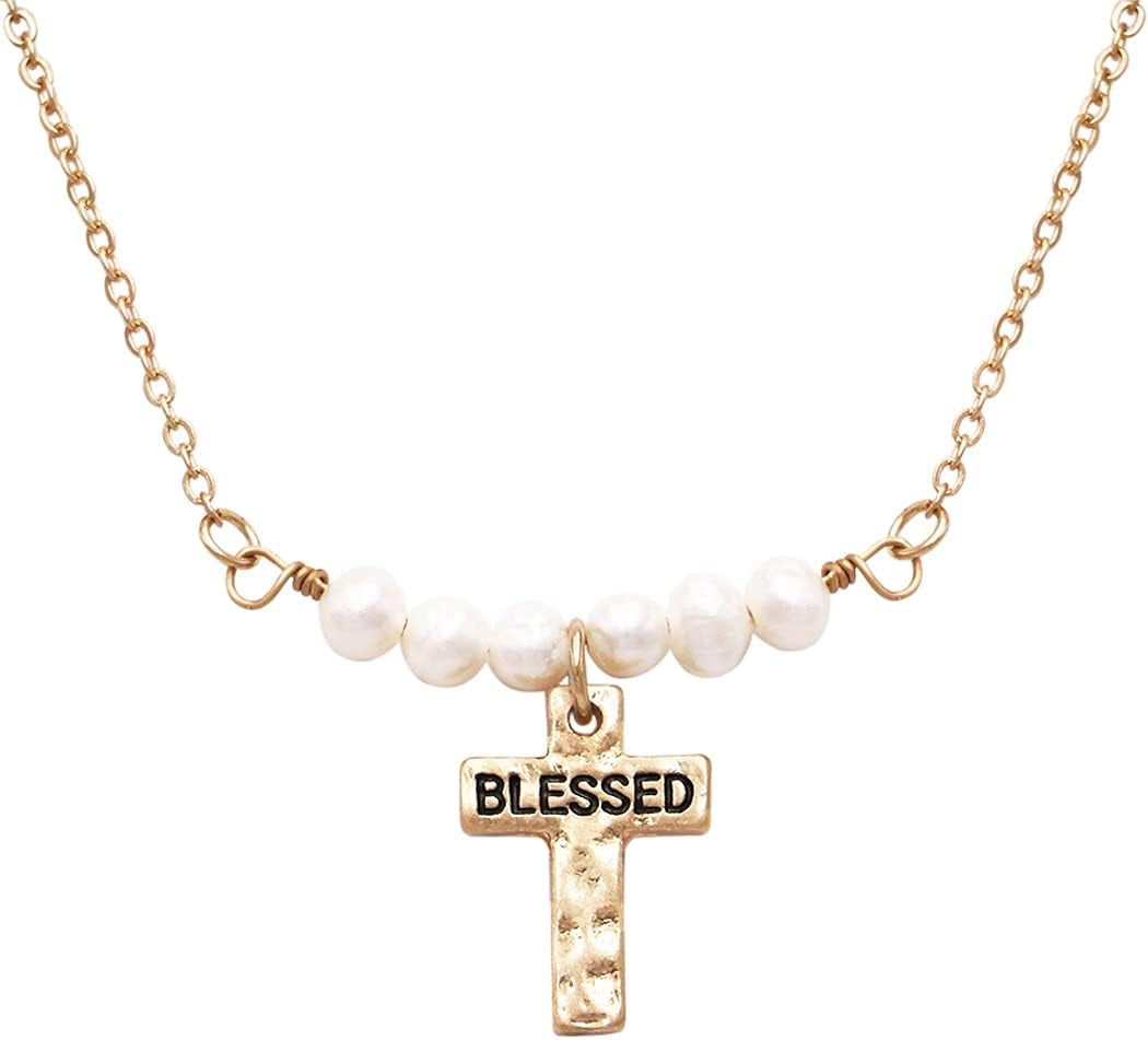 Women'S Stunning Inspirational Religious Blessed Cross Pendant with Freshwater Pearls Necklace, 15"+ 3" Extender
