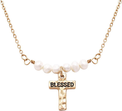 Women'S Stunning Inspirational Religious Blessed Cross Pendant with Freshwater Pearls Necklace, 15"+ 3" Extender