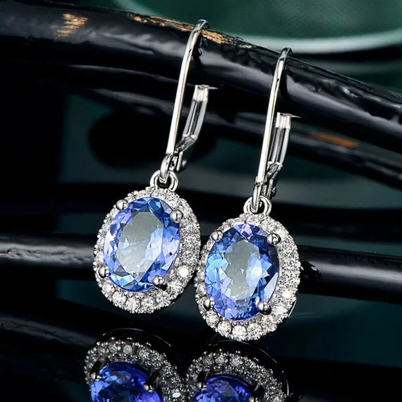 Exquisite 4 Prong Setting Oval Blue Sapphire Side Micro Inlay Diamond Drop Earring for Women Engagement Wedding Jewelry