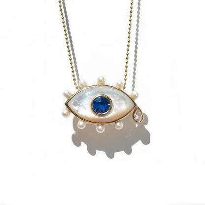 New Fashion Women Sapphire Evil Eye South Sea Moby Pearl & Blue Sapphire & One Pear Shape Rose Cut Diamond Weighs 0.28ct (F/VS) Necklace Bead Chain Necklace Wedding Engagement Gift Jewelry