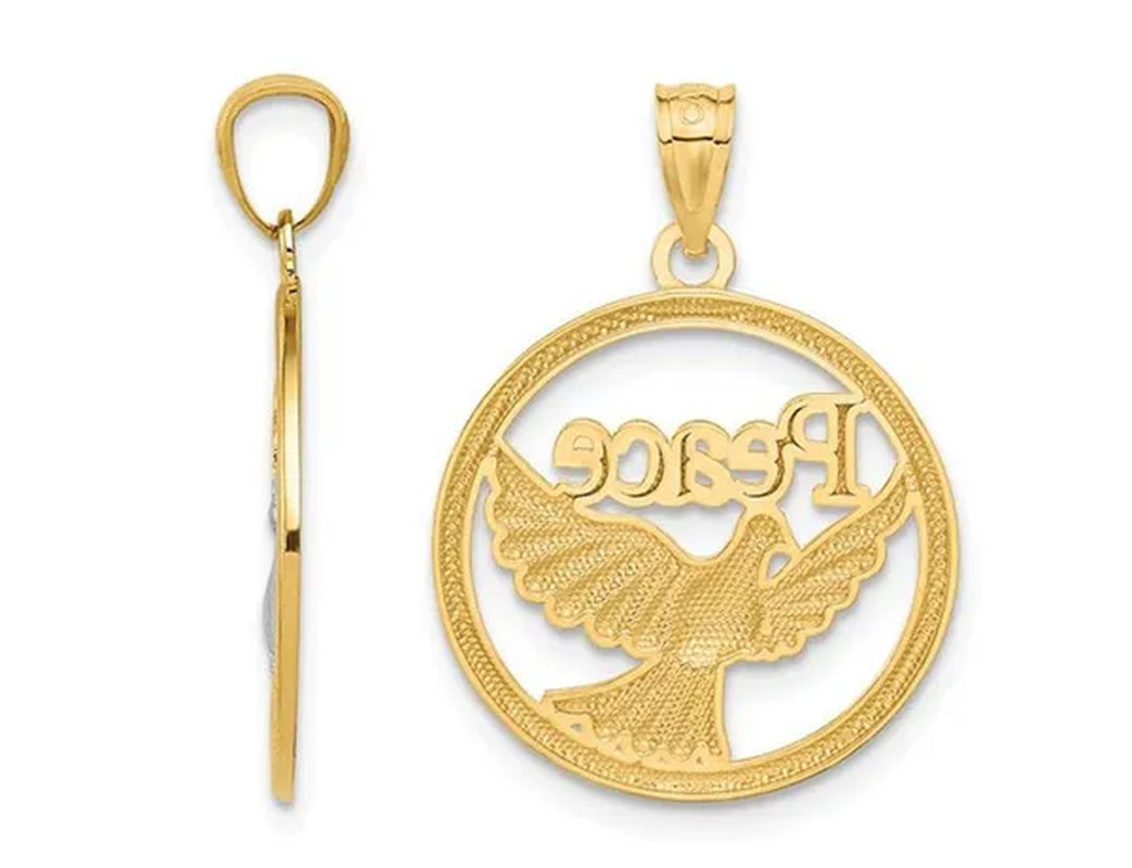 14K Yellow and White Gold Peace Dove Circle Charm Pendant Necklace with Chain
