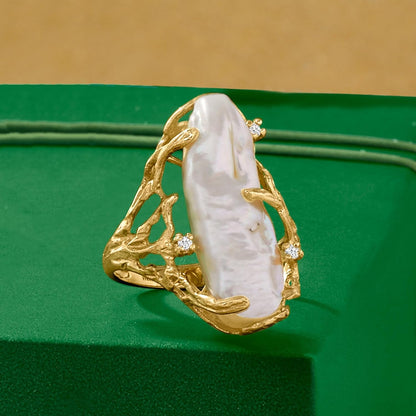10X24Mm Cultured Baroque Pearl Ring with Diamond Accents in 14Kt Yellow Gold