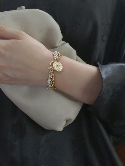 18K Gold Chain Layerd Bracelet Coin Charm Toggle Bracelet Trendy Cubic Zirconia Jewelry