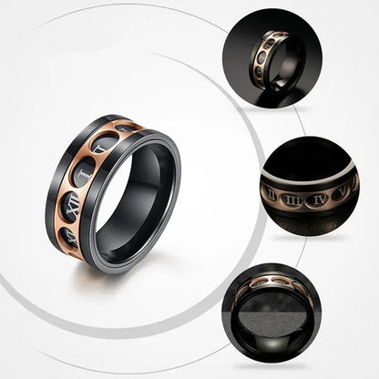 Roman Numerals Rotatable Black Rose Gold Titanium Steel Rotatable Spinner Ring for Men Jewelry Luck Finger Rings Wedding Band