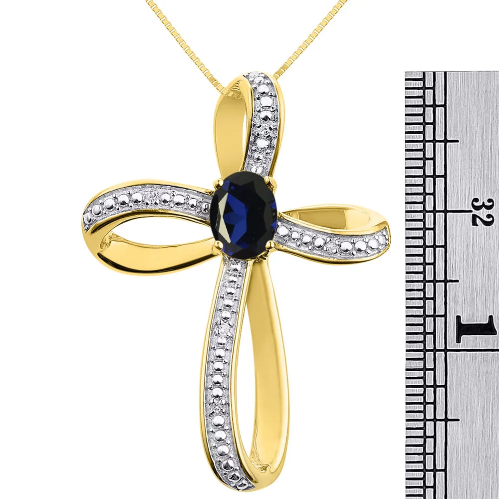 Diamond & Sapphire Cross Pendant Necklace Set in Yellow Gold Plated Silver .925 with 18" Chain
